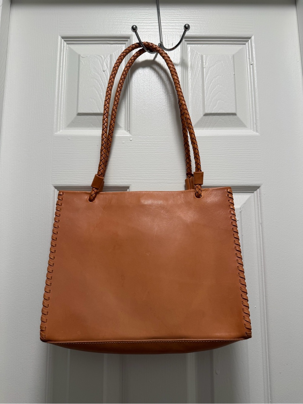 Italian Braided-Handle Leather Shoulder Tote in Tan